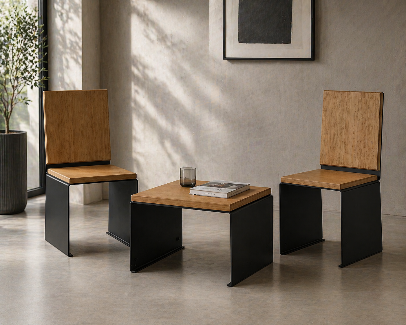 Kernform Granit – Sitzgruppe aus Eiche & Aluminium