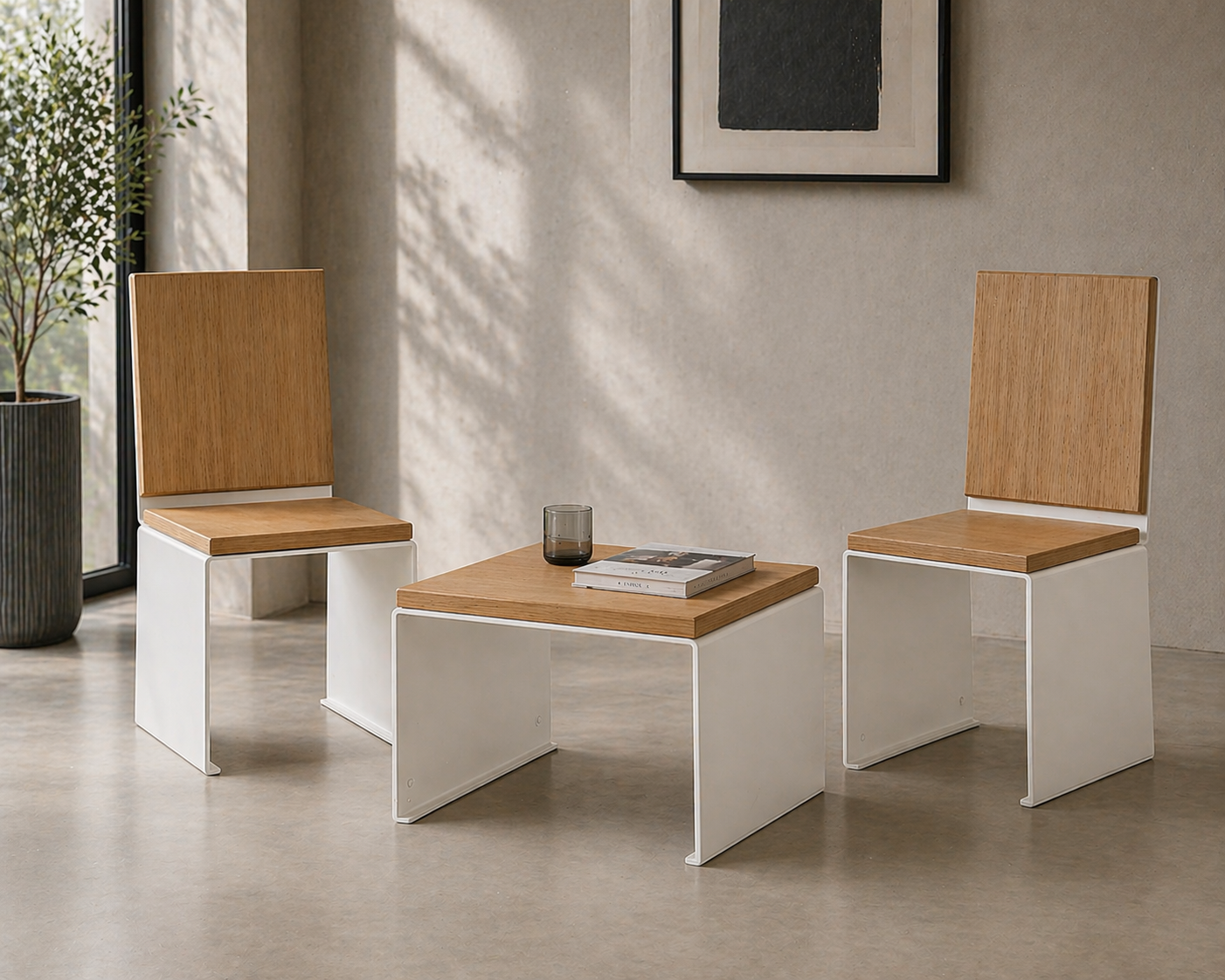 Kernform Granit – Sitzgruppe aus Eiche & Aluminium
